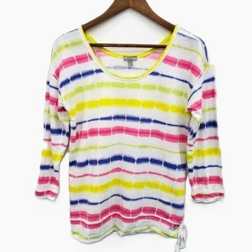 T by Talbots Womens M Multicolor Tie Dye Stripe Cotton 3/4 Sleeve Scoop Neck Top